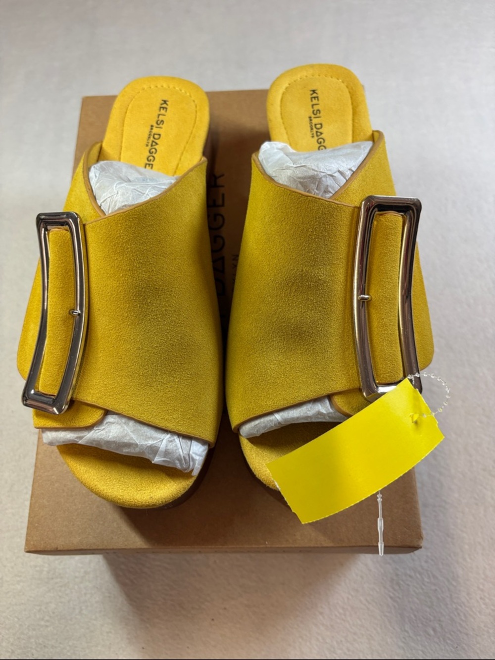 Kelsi Dagger Bright Yellow Suede Buckle Slide Mules